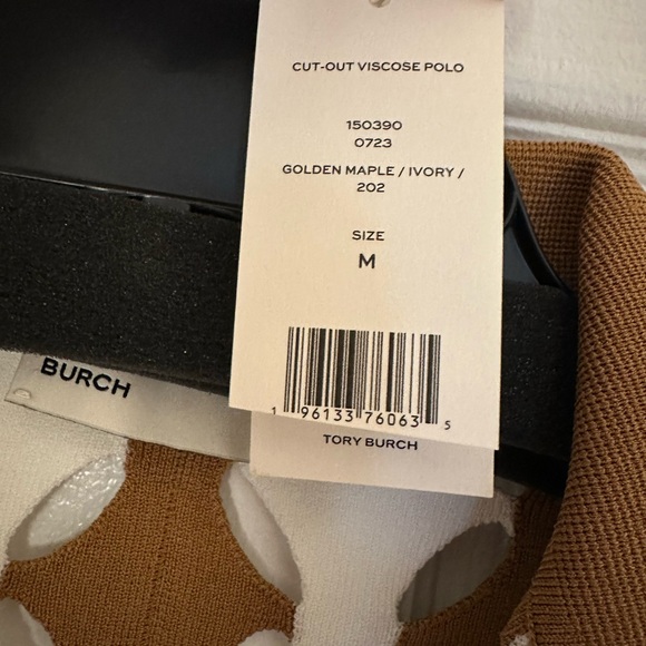 Tory Burch Tan and White Cutout Knit Polo Shirt - Picture 5 of 5